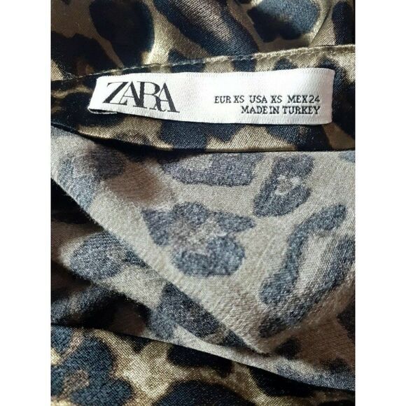 Zara Skirt Animal Print Green Brown Khaki Satin A-line Midi Skirt Size X-Small - Picture 8 of 8